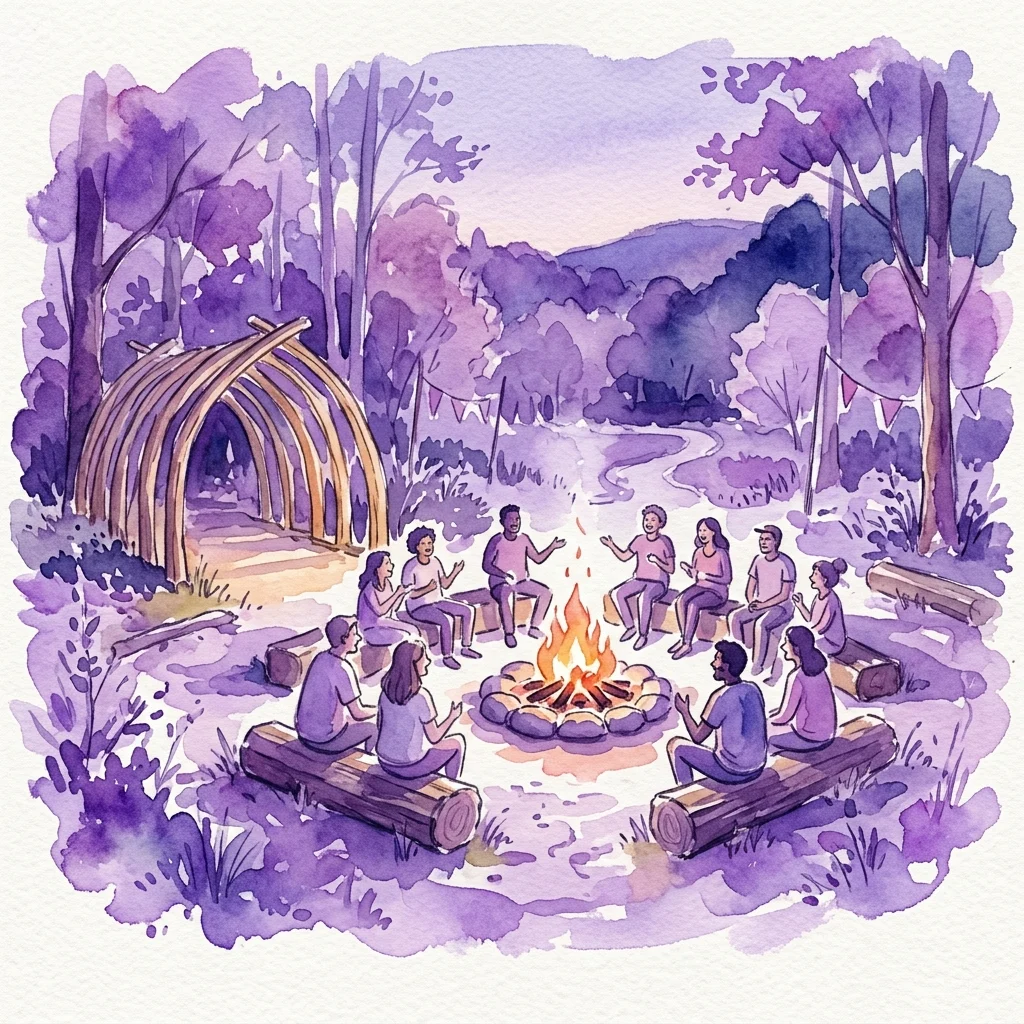 Ilustracja akwarelowa przedstawiająca ludzi zgromadzonych wokół ogniska w lesie, z pobliską drewnianą konstrukcją tunelową, reprezentującą wystawę Pawła Althamera w Secesji.