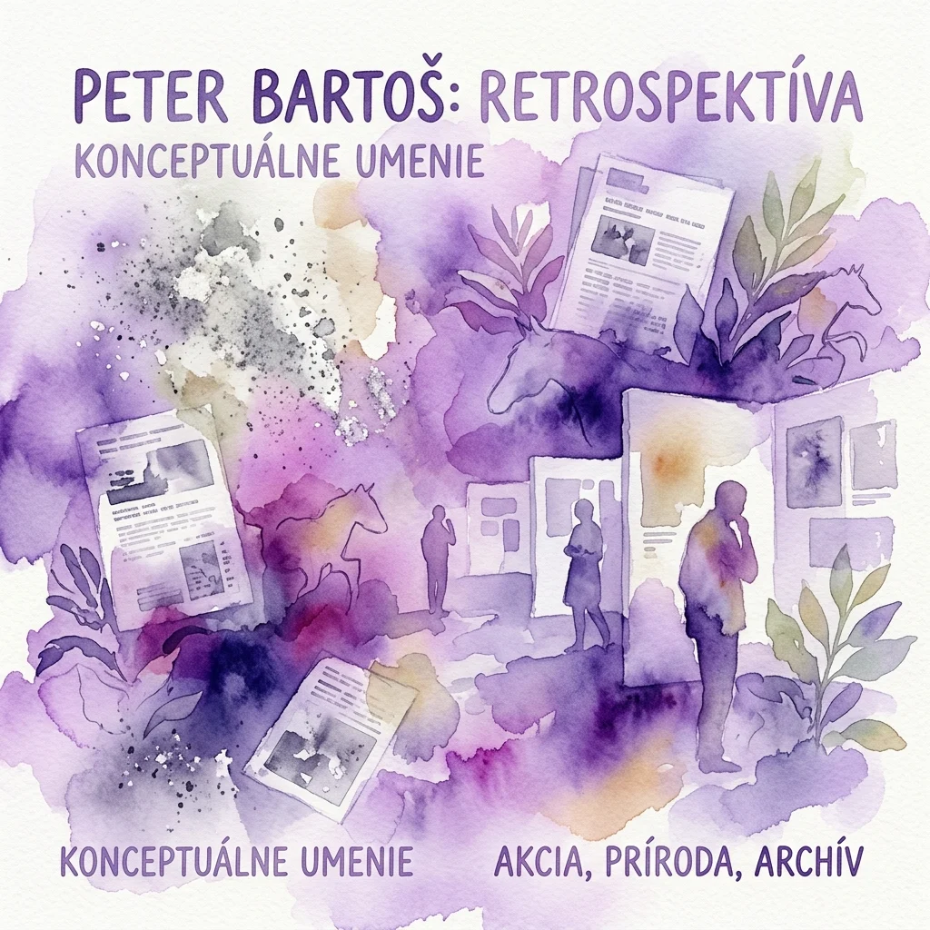 Een aquarelillustratie voor de retrospectieve tentoonstelling van Peter Bartoš, met silhouetten van bezoekers, fotokopieën, planten en een paard, met tekst die conceptuele kunst, actie, natuur en archief benadrukt.