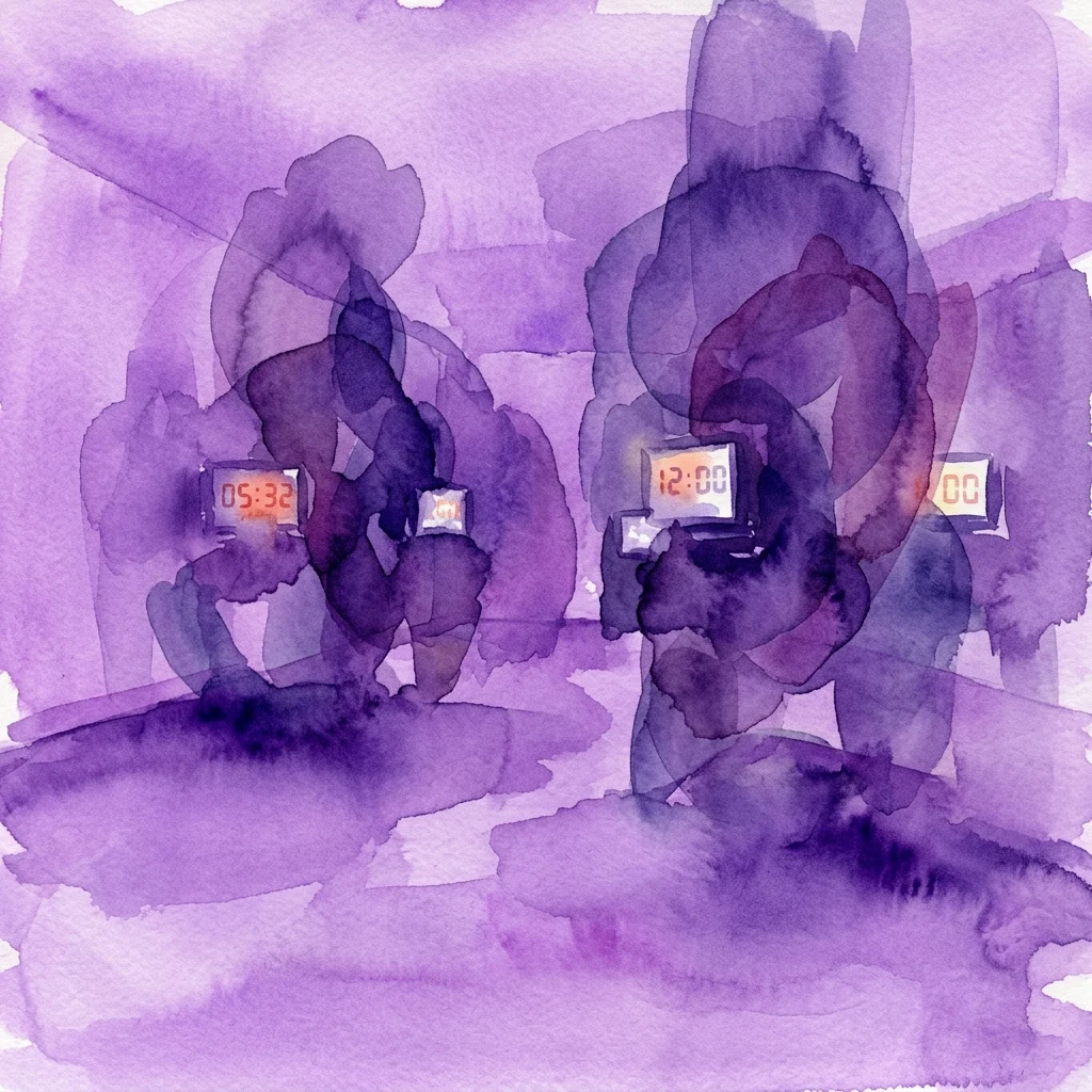 Purple watercolor artwork depicting abstract figures with digital countdown timers, part of Philipp Timischl's exhibition exploring class, queerness, and identity.