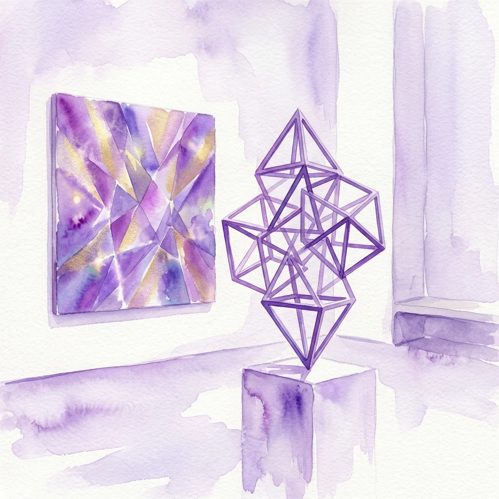 Abstract geometric sculpture and a shimmering wall painting in a minimalist gallery, part of Philippe Decrauzat's exhibition exploring perception and optical effects.