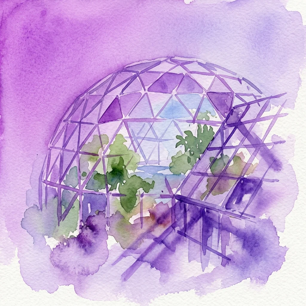 Watercolor artwork of the Biosphere 2 structure, featuring a geodesic dome with green foliage inside, rendered in purple and green hues.