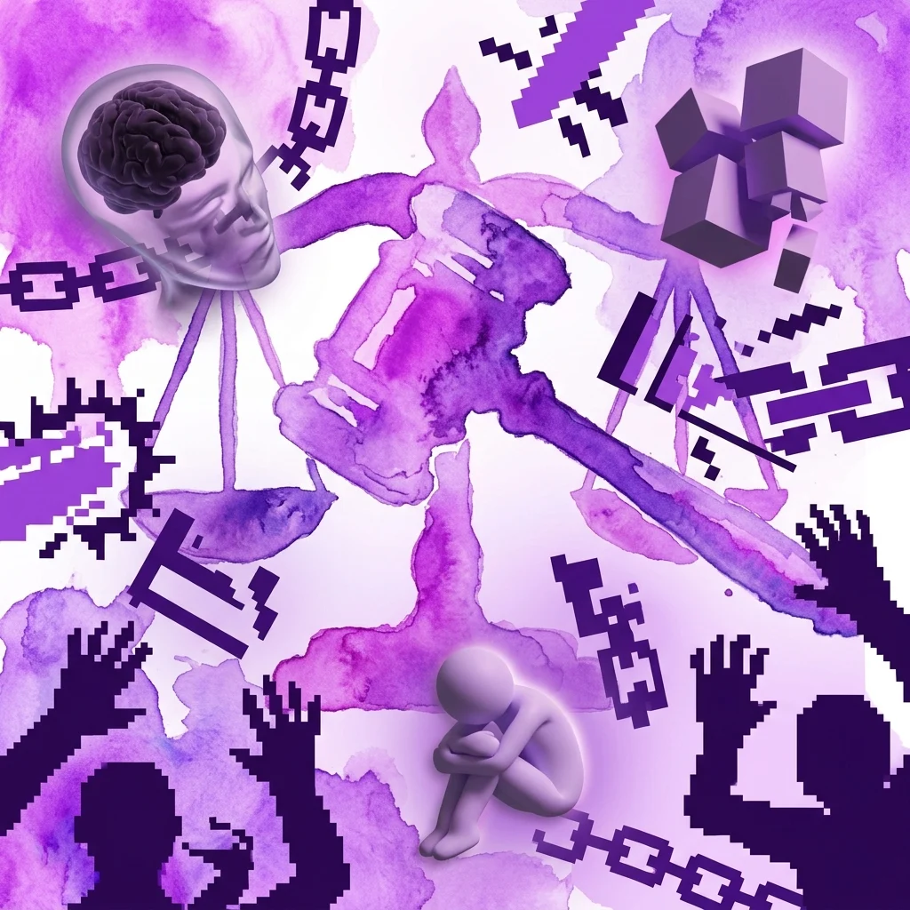 Obra de arte digital abstracta de Rana Hamadeh que presenta un cerebro en una cabeza, un mazo, cadenas pixeladas y una figura en cuclillas contra un fondo de acuarela púrpura, simbolizando sistemas legales y estados psicológicos.