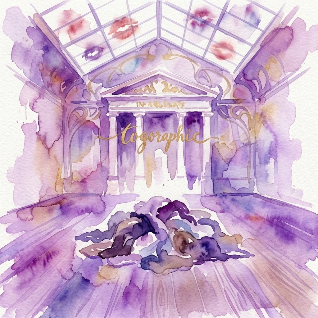 Ilustracja akwarelowa wystawy Reby Maybury 'I Come in Peace' w Secesji, przedstawiająca klasyczną fasadę ze złotym tekstem, ślady szminki na szklanym suficie oraz zdekonstruowane sterty ubrań w przestrzeni galerii zabarwionej na fioletowo.