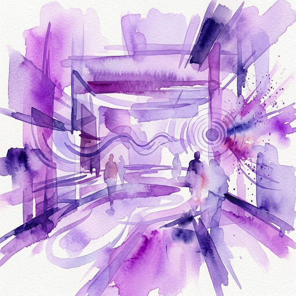 Obra de arte abstracta en acuarela en tonos púrpuras y violetas que representa figuras silueteadas en un espacio dinámico y en capas con formas geométricas y patrones de ondas sonoras, evocando temas de percepción y movimiento.