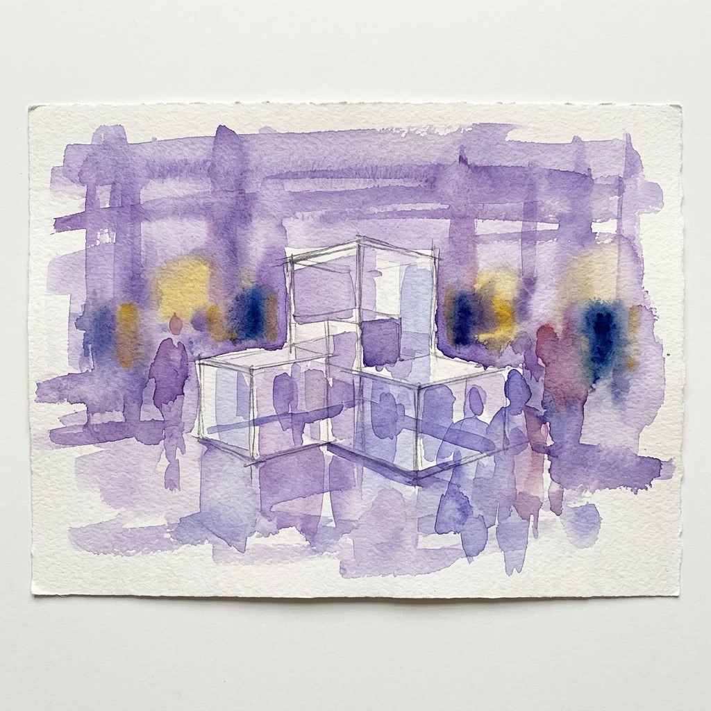 Boceto en acuarela del modelo arquitectónico de Rirkrit Tiravanija, que representa una estructura transparente con gente reunida alrededor, sobre un fondo abstracto púrpura y amarillo.