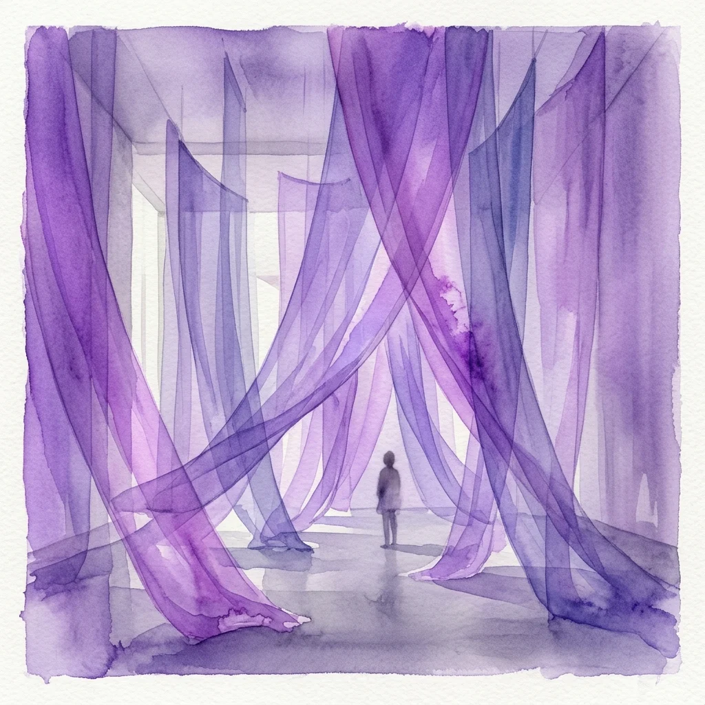 Een meeslepende kunstinstallatie van Robert Irwin met doorschijnende paarse stoffen panelen die wisselend licht en schaduw creëren in een moderne galerie.
