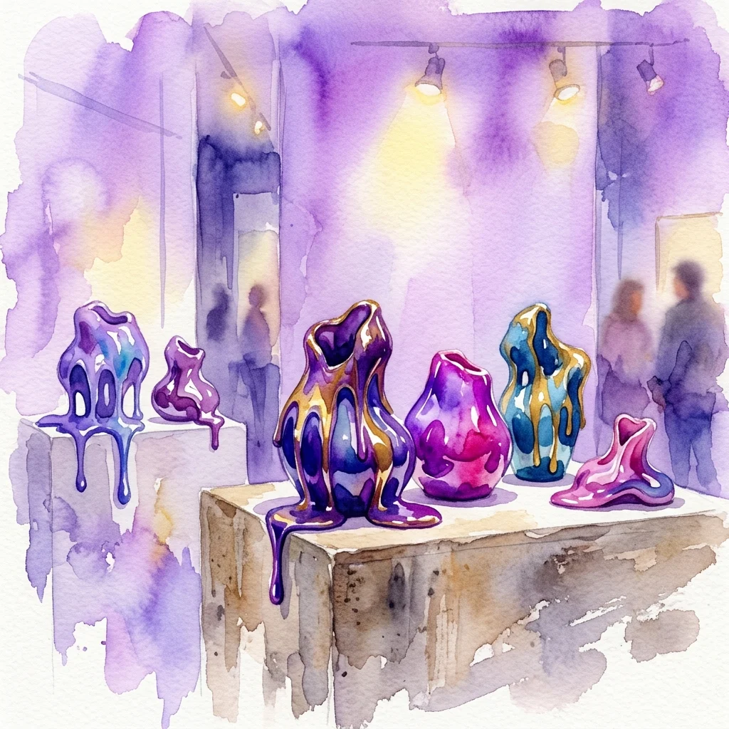 Watercolor illustration of Ron Nagle's ceramic sculptures with glossy, dripping colors displayed in a gallery setting with spotlights.