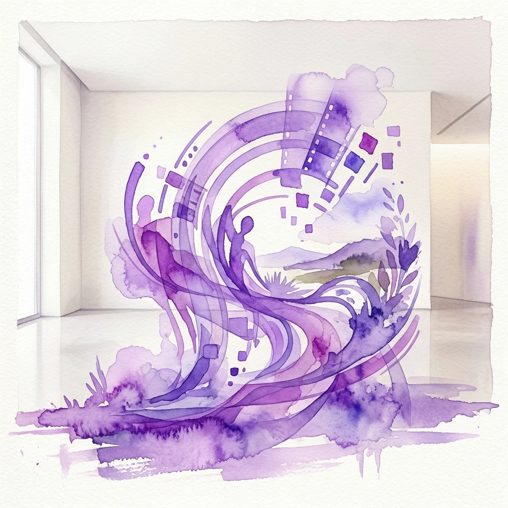Abstract paars aquarelkunstwerk in een minimalistische galerie, met wervelende vormen, filmstripmotieven en landschapselementen, die Rosa Barba's verkenning van tijd en ruimte in haar tentoonstelling vertegenwoordigen.