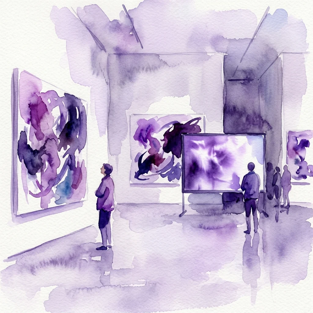 Ilustración en acuarela de una galería de arte con visitantes observando pinturas abstractas moradas y negras y una pantalla grande que muestra una instalación de cine.