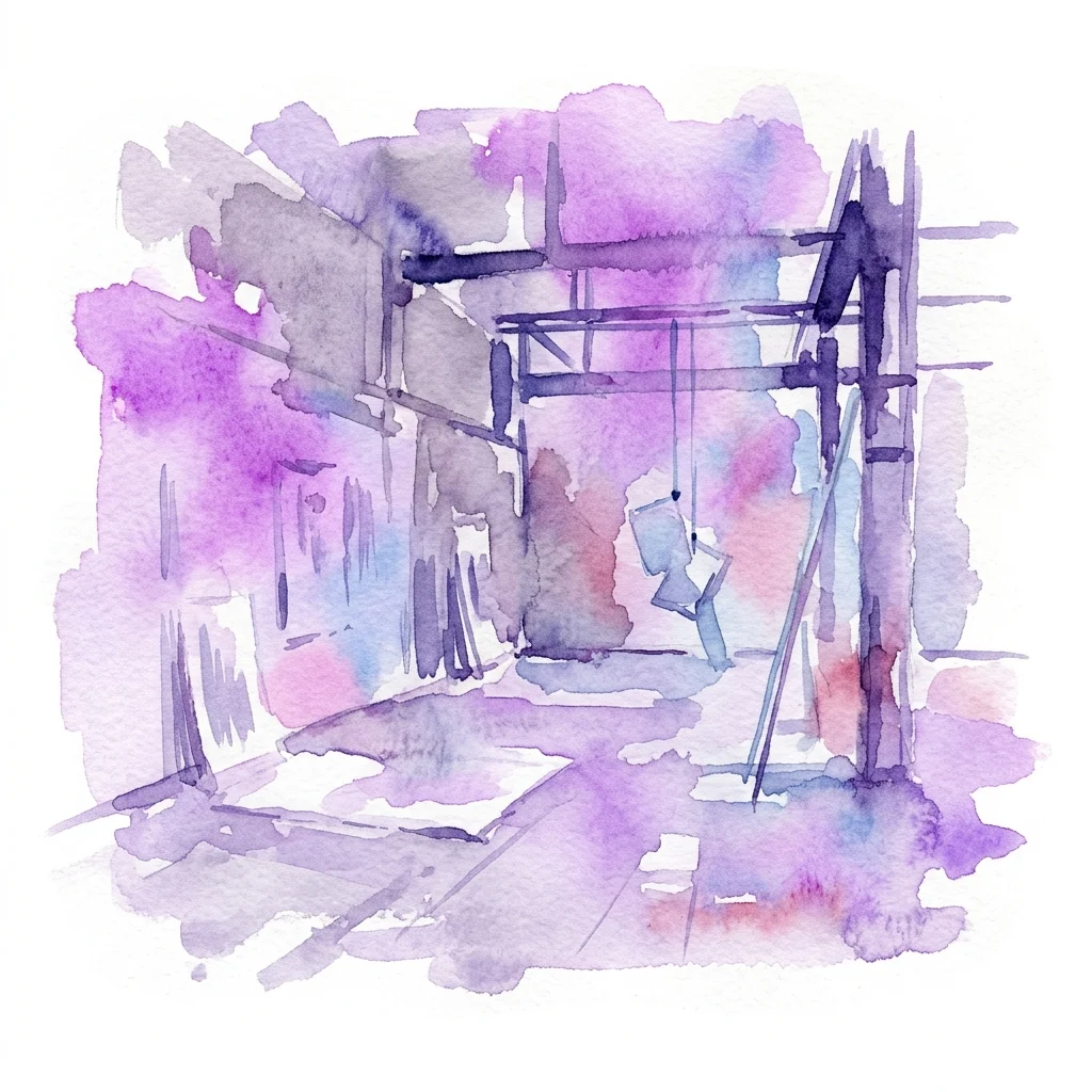 Acuarela que representa una escena industrial abstracta con andamios y un columpio, realizada en tonos púrpuras, azules y grises, evocando temas de memoria y estructuras institucionales.