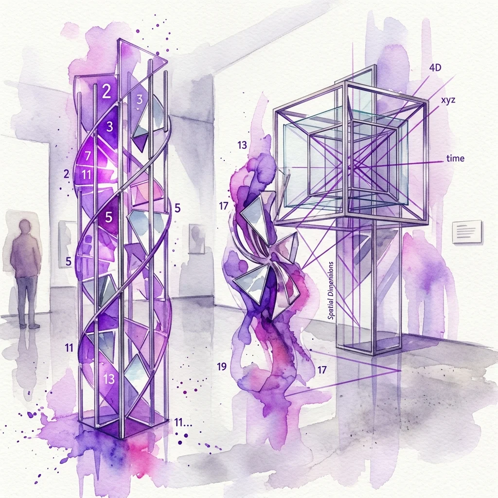 Obras escultóricas de Rudolf Polanszky con números primos y dimensiones espaciales, expuestas en una galería minimalista con efectos de acuarela púrpura.