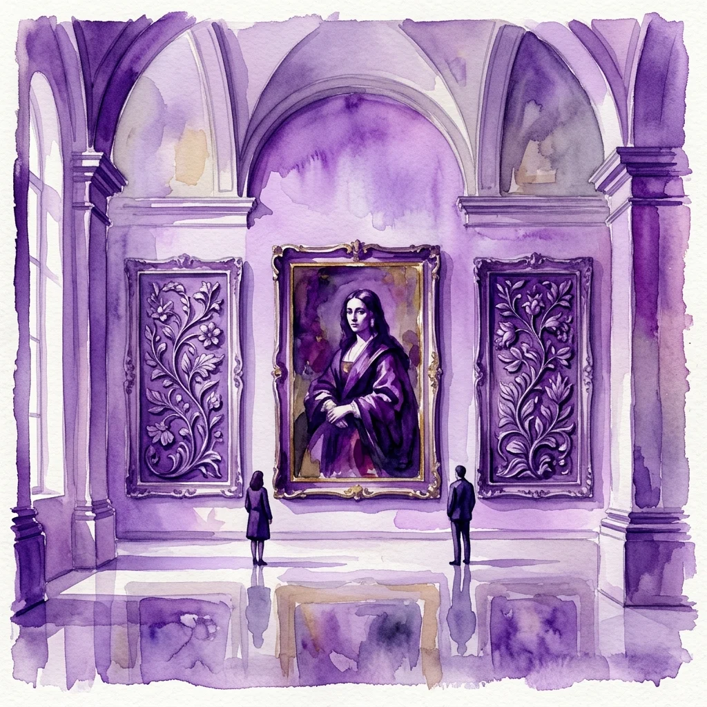 A watercolor illustration of Rudolf Stingel's exhibition at the Secession, featuring three artworks in a grand gallery: a central self-portrait and two flanking floral relief sculptures, all under arched ceilings.