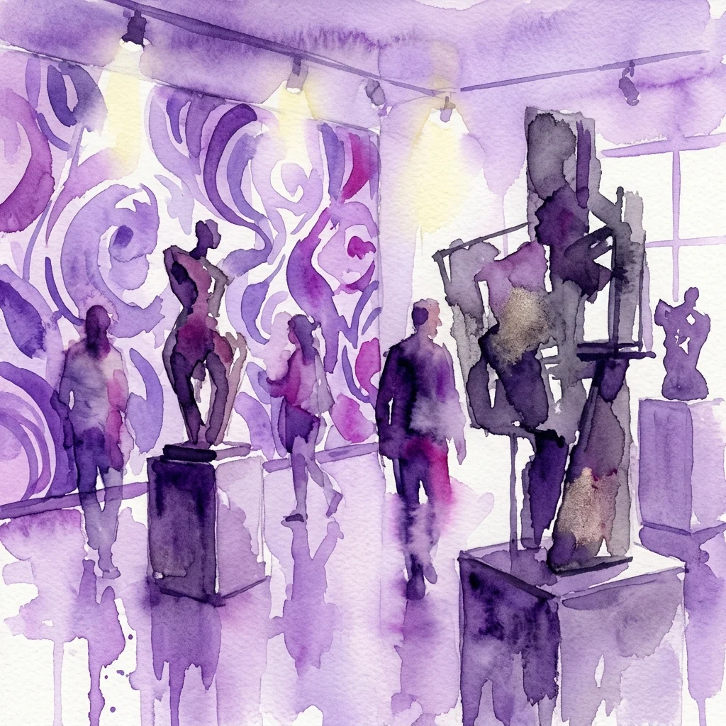 Ilustracja akwarelowa wnętrza galerii sztuki z abstrakcyjnymi rzeźbami na postumentach i żywą, fioletowo-białą wzorzystą ścianą, przedstawiająca wystawę Sarah Lucas: NOB + Gelatin w Secesji.