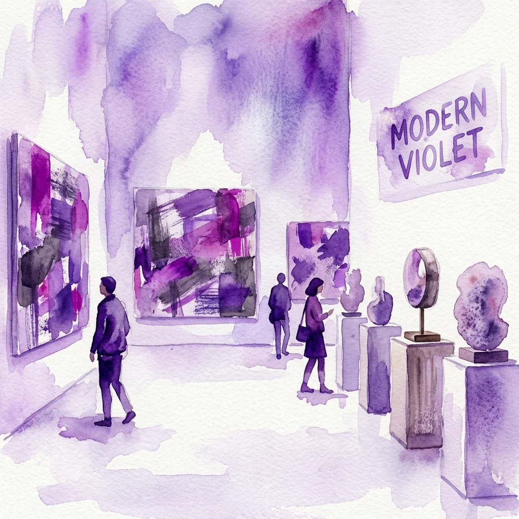 Een aquarelillustratie van een kunstgalerie met abstracte paarse en zwarte schilderijen aan de muren en sculpturen op sokkels, met bezoekers die de tentoonstelling bekijken onder een bord met de tekst 'MODERN VIOLET'.