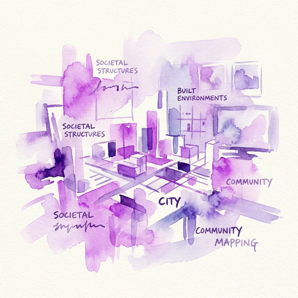 Watercolor illustration of an urban planning concept with labels including 'Societal Structures,' 'Built Environments,' 'City,' and 'Community Mapping,' representing Sean Snyder's artistic exploration of urban spaces.