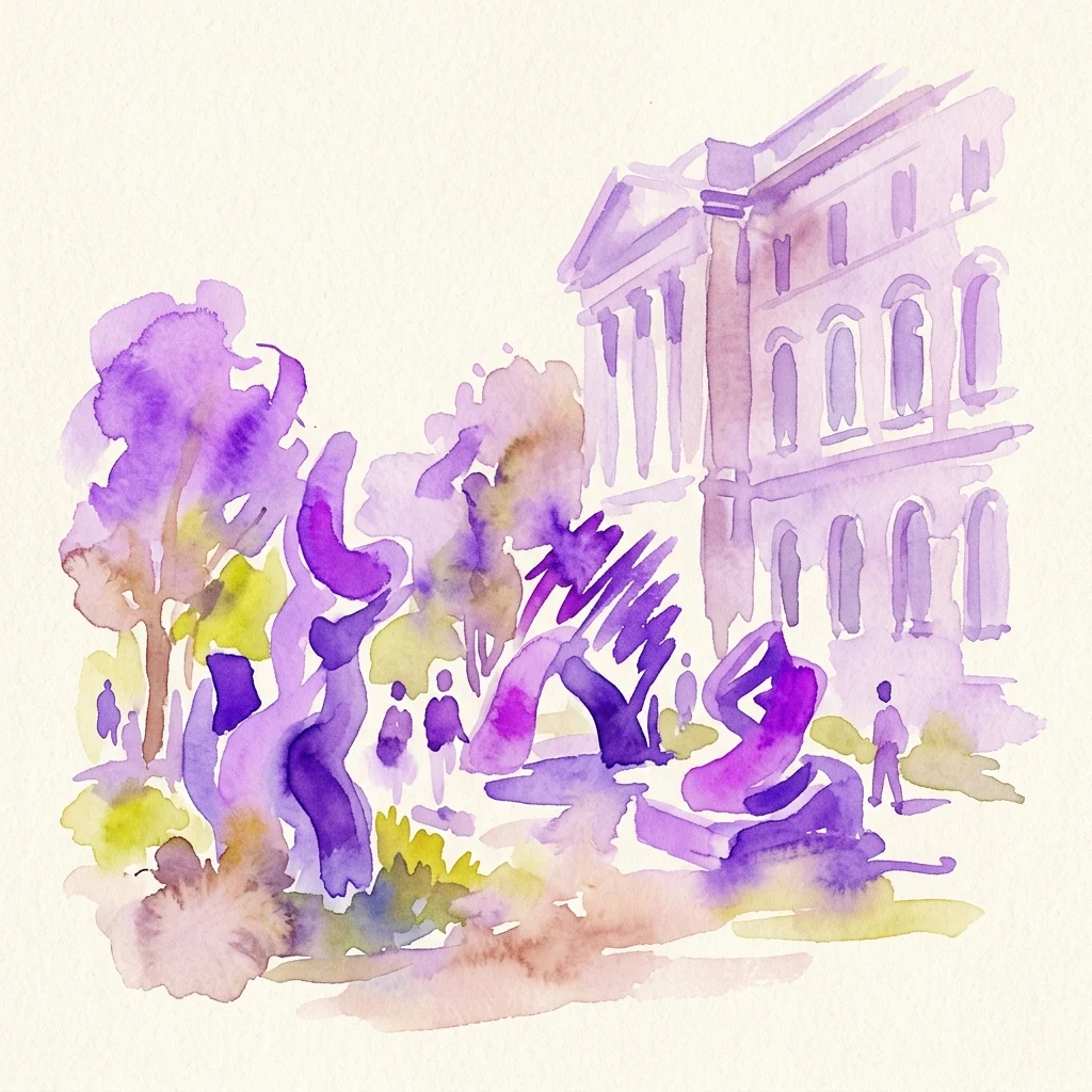 Ilustración en acuarela de la exposición Secessionsgarten con esculturas abstractas moradas y vegetación frente al edificio de la Secesión, destacando instalaciones de arte interactivas.
