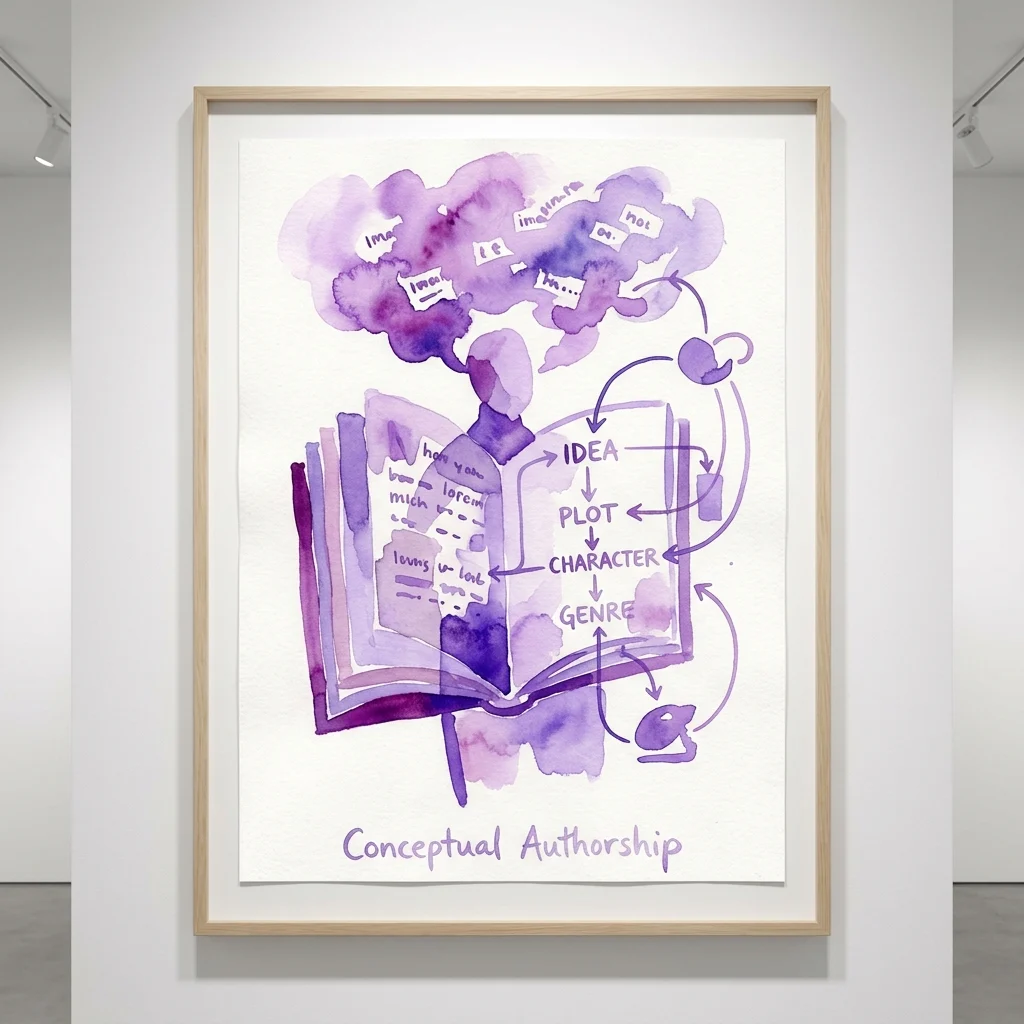 A framed watercolor artwork in a gallery, depicting a figure with a thought bubble above an open book, illustrating a diagram of 'IDEA', 'PLOT', 'CHARACTER', and 'GENRE' with the text 'Conceptual Authorship' at the bottom.