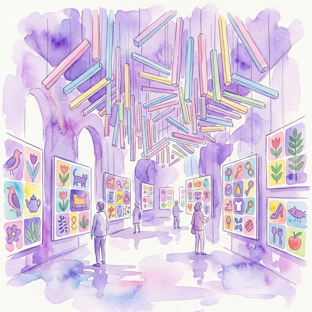 Una instalación de arte inmersiva de Siggi Hofer con vigas de madera de colores suspendidas del techo y obras de arte pintadas en cuadrícula con motivos de animales, plantas y objetos cotidianos en las paredes de la galería.