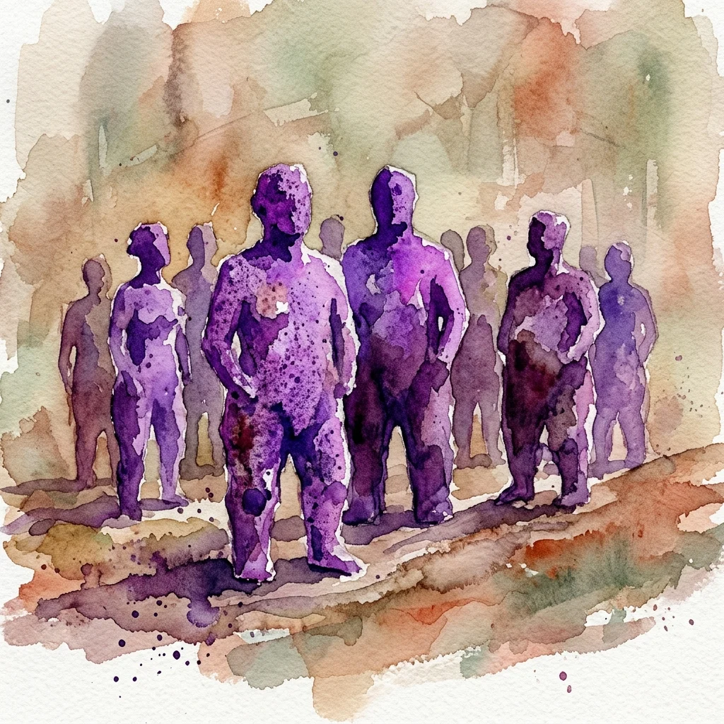 Obra de acuarela de figuras humanas abstractas de color púrpura de pie sobre un paisaje terroso texturizado, evocando temas de historia y resiliencia en la exposición de Simone Fattal.