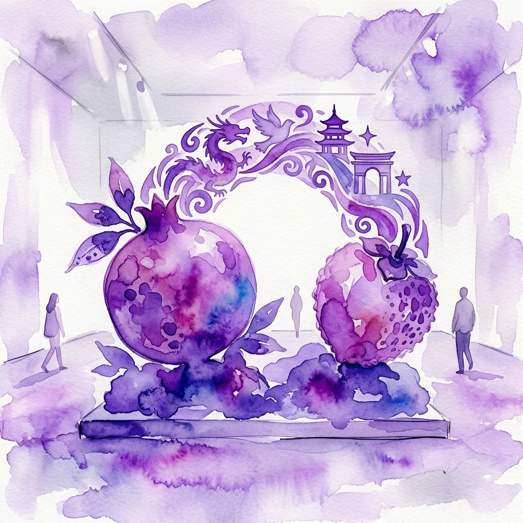 Een aquarelillustratie van een levendige kunstinstallatie met oversized granaatappel- en aardbei sculpturen, met een paarse boog versierd met een draak, pagode en duif, geplaatst in een galerie.
