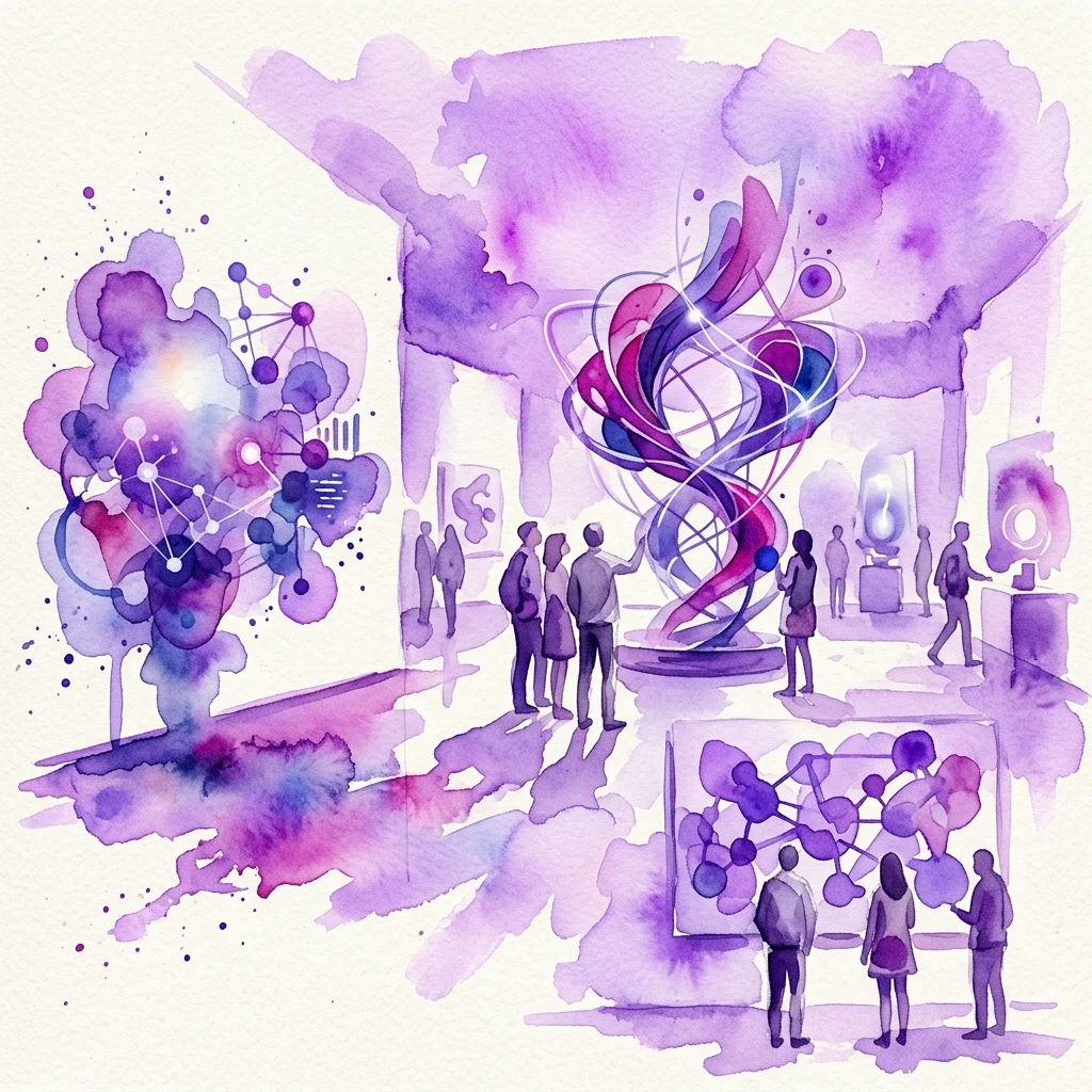 Ilustracja akwarelowa wystawy sztuki przedstawiająca abstrakcyjne instalacje, w tym świecącą rzeźbę spiralną i struktury molekularne, z odwiedzającymi obserwującymi dzieła sztuki w nowoczesnej przestrzeni galerii.