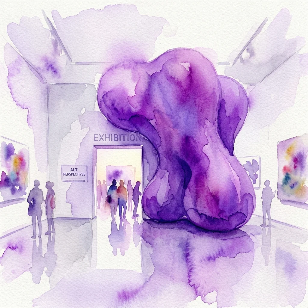 Una ilustración en acuarela de una gran escultura inflable morada que bloquea la entrada a una exposición, con visitantes observando la obra de arte en un espacio de galería contemporáneo.