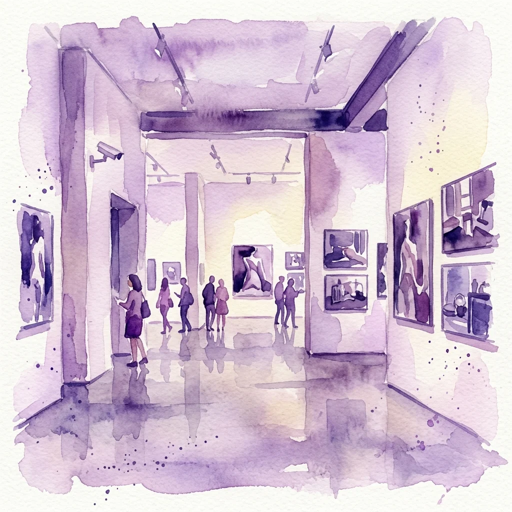 Waterverfillustratie van een kunstgalerie met bezoekers die fotografische werken bekijken aan muren met textuur, met paarse tinten en een beveiligingscamera, die de tentoonstelling van Sophie Thun in de Secession vertegenwoordigt.