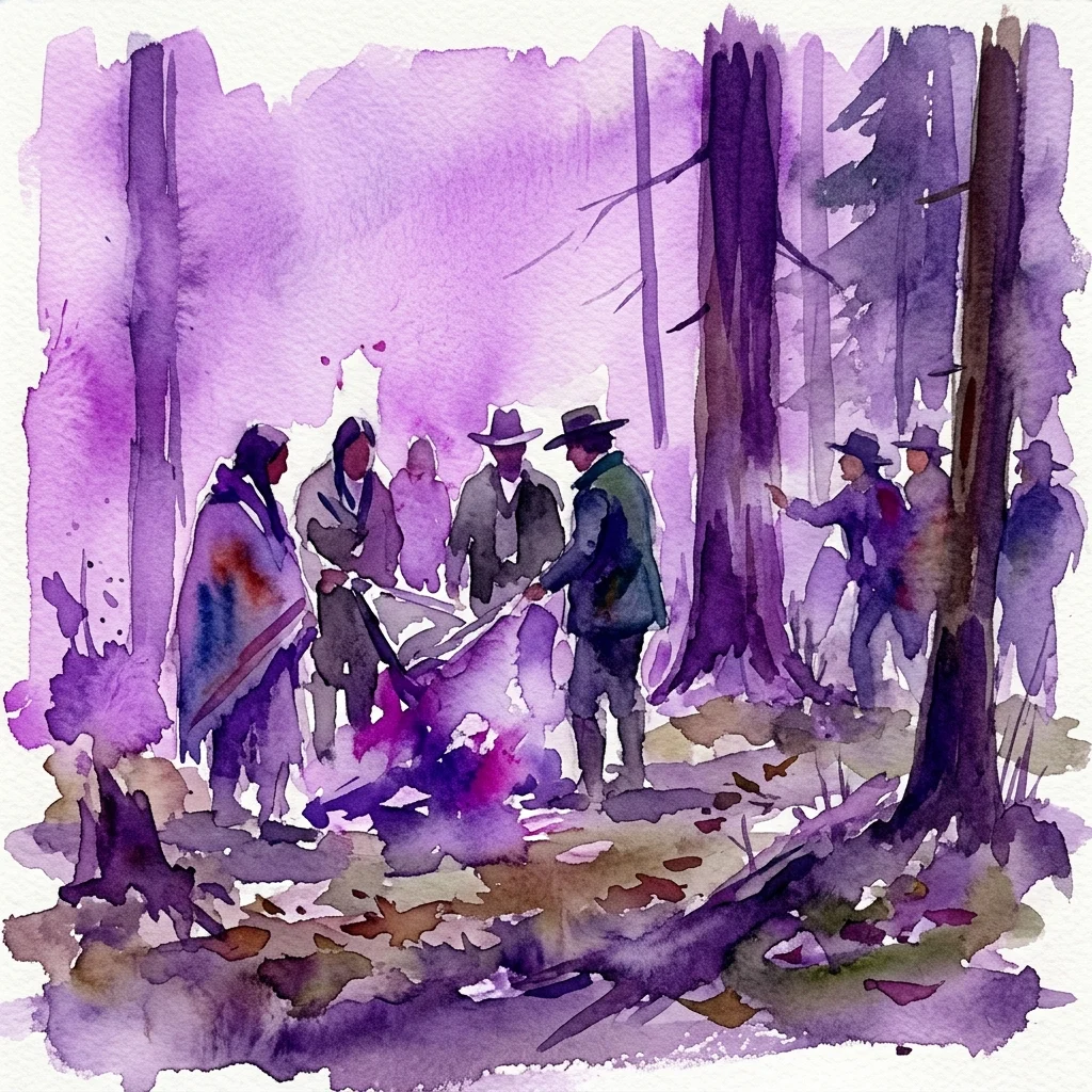 Ilustracja akwarelowa przedstawiająca napiętą scenę w fioletowym lesie, ukazująca rdzennych mieszkańców i osadników z XIX-wiecznej Kolumbii Brytyjskiej, nawiązująca do filmu Stana Douglasa „Klatsassin” i „Rashomon” Akiry Kurosawy.