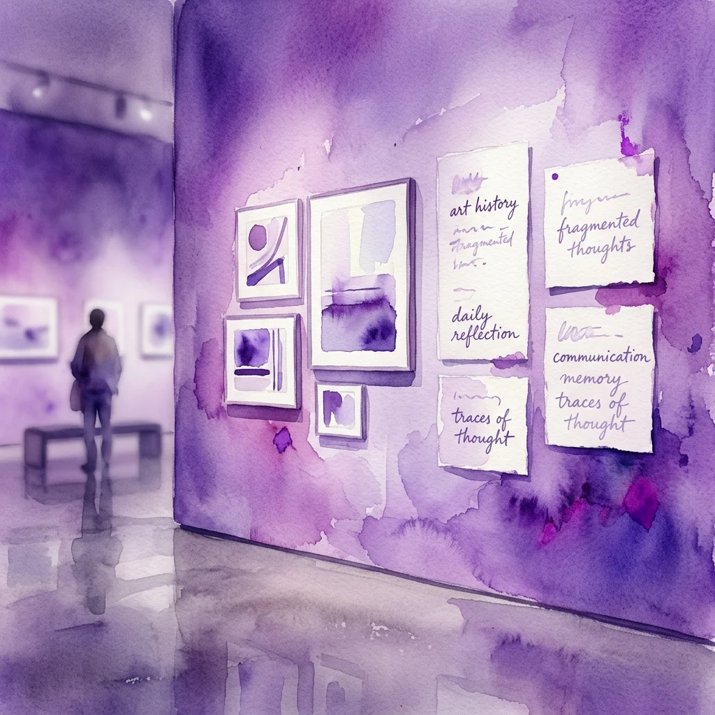 Una pared de galería que presenta pinturas minimalistas y notas escritas a mano del artista austriaco Stefan Sandner, explorando la historia del arte, la comunicación y el pensamiento en un espacio contemplativo teñido de púrpura.