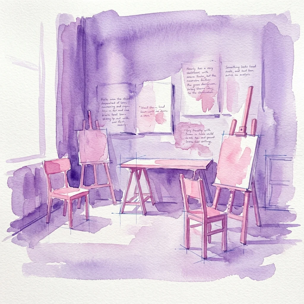 Ilustración en acuarela de un estudio de artista con muebles rosas, caballetes y notas escritas a mano en las paredes, que representa la exposición 'As He Remembered It' de Stephen Prina en la Secession.