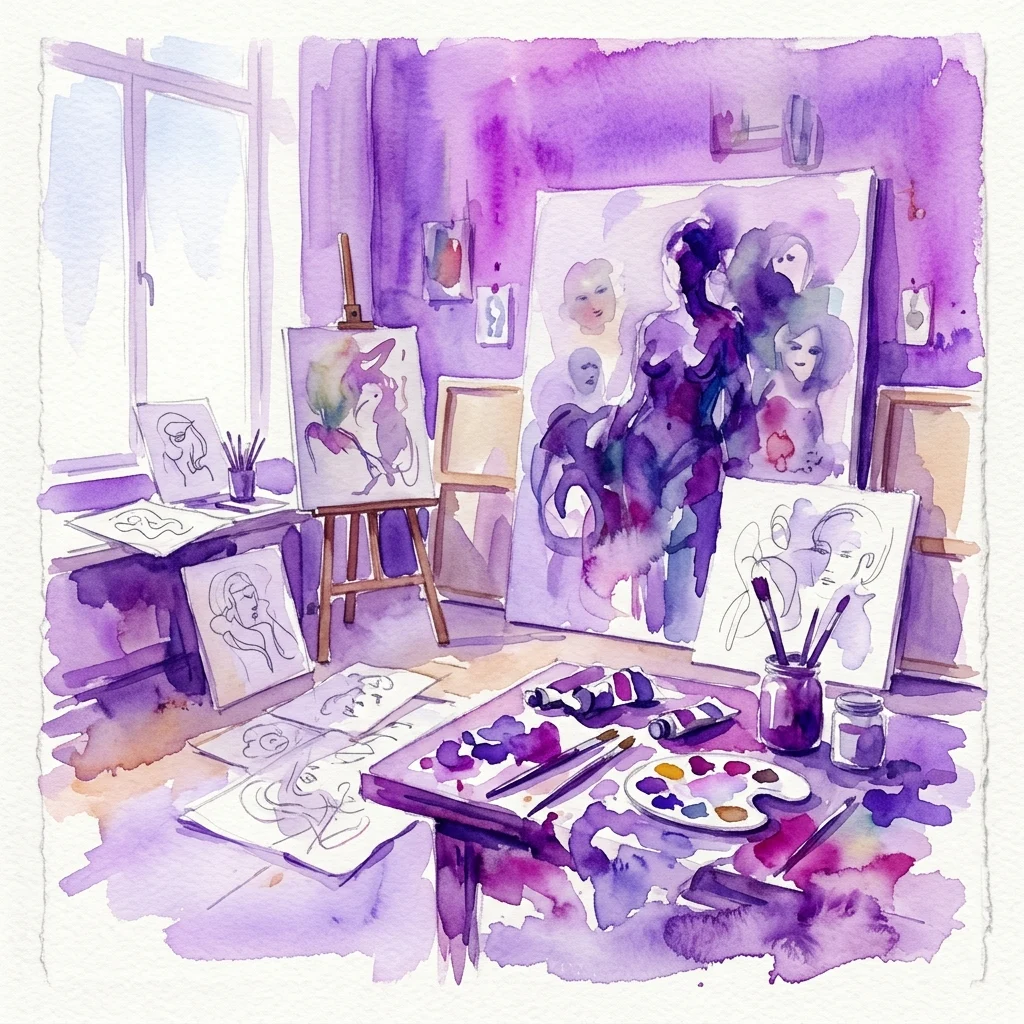 Een aquarelillustratie van een kunstenaarsatelier vol met doeken, schetsen en kunstbenodigdheden, baadden in paars licht, wat de surrealistische en levendige artistieke stijl van Suellen Rocca oproept.