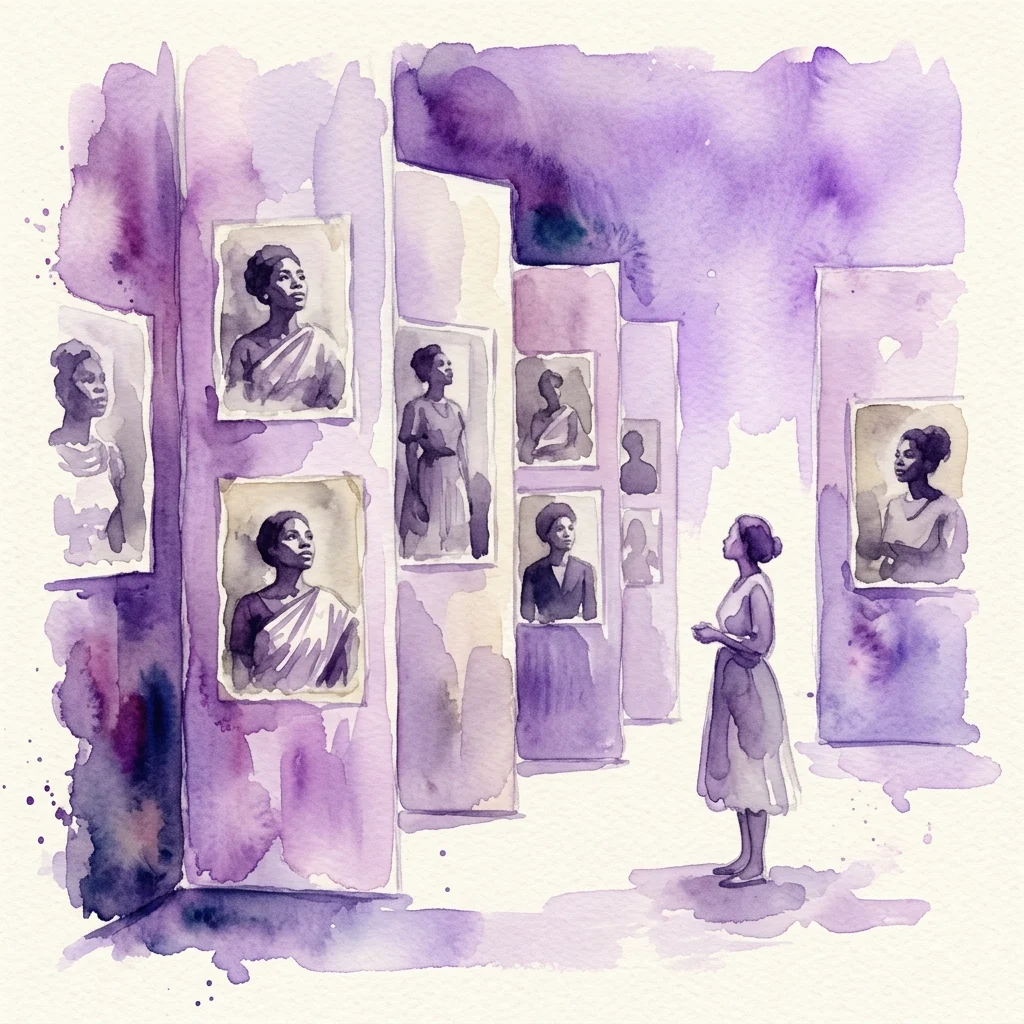 Ilustracja akwarelowa przedstawiająca galerię w odcieniach fioletu, z kobietą oglądającą oprawione czarno-białe portrety czarnoskórych kobiet na ścianach, reprezentująca współczesną instalację artystyczną.