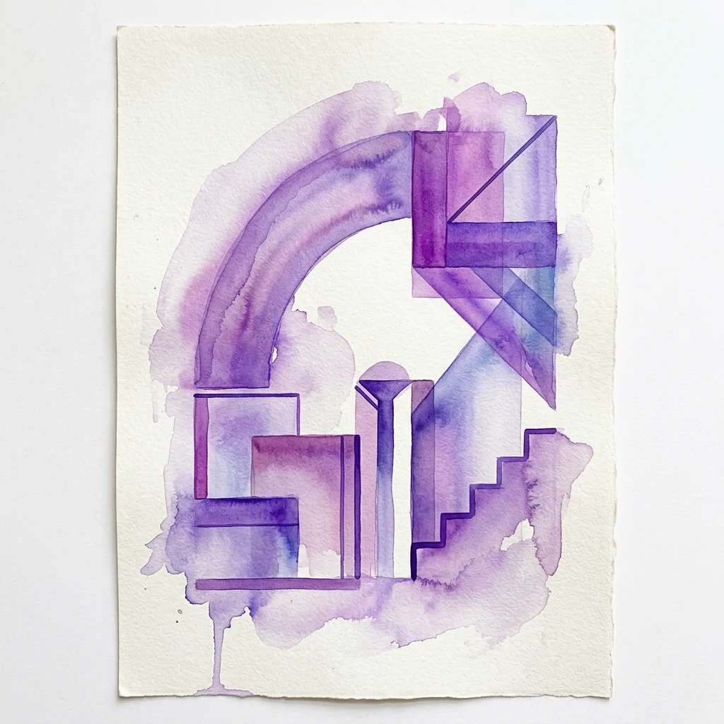 Pintura abstracta de acuarela de Svenja Deininger con formas geométricas y curvas orgánicas en púrpura y blanco, inspirada en elementos arquitectónicos.