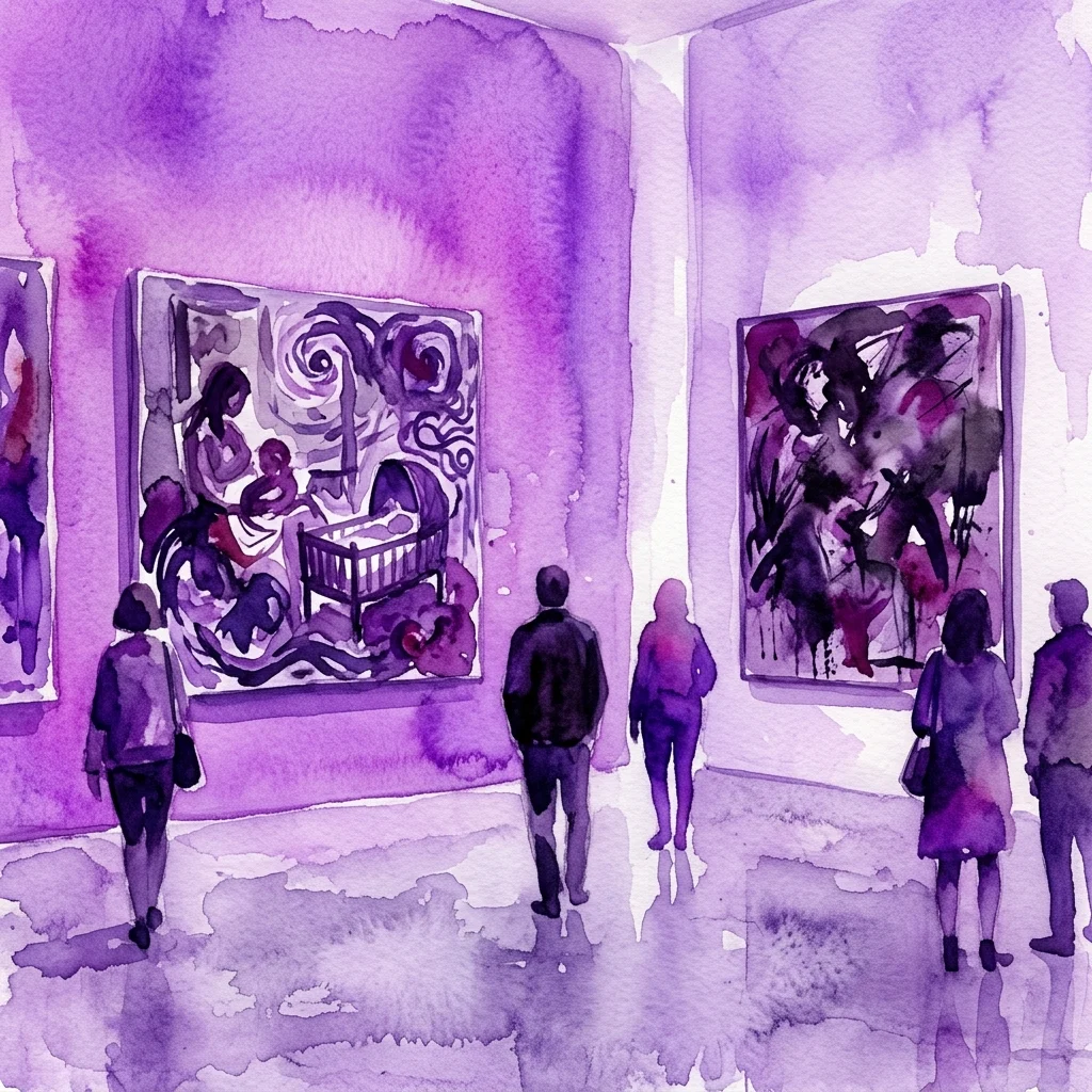 Ilustracja akwarelowa galerii sztuki z odwiedzającymi oglądającymi abstrakcyjne obrazy w przestrzeni wystawienniczej o fioletowym odcieniu.
