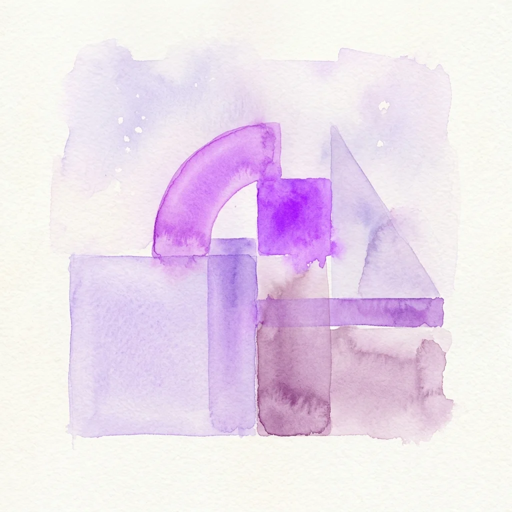 Una pintura minimalista abstracta de acuarela de Tess Jaray con formas geométricas en púrpura y lavanda, que evocan formas arquitectónicas e ilusión espacial.