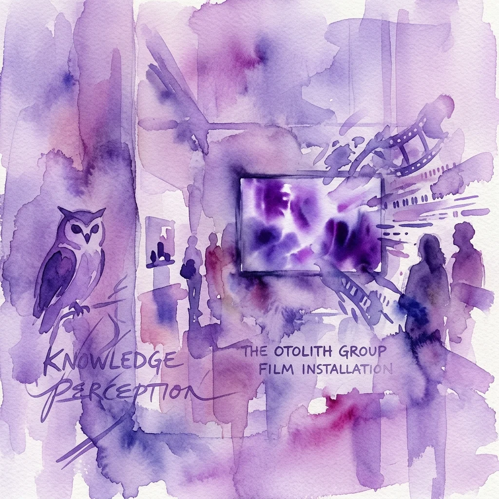 Ilustracja akwarelowa instalacji filmowej autorstwa The Otolith Group, przedstawiająca sowę, taśmy filmowe i sylwetki widzów, z tekstem podkreślającym 'Knowledge Perception' i 'Film Installation'.