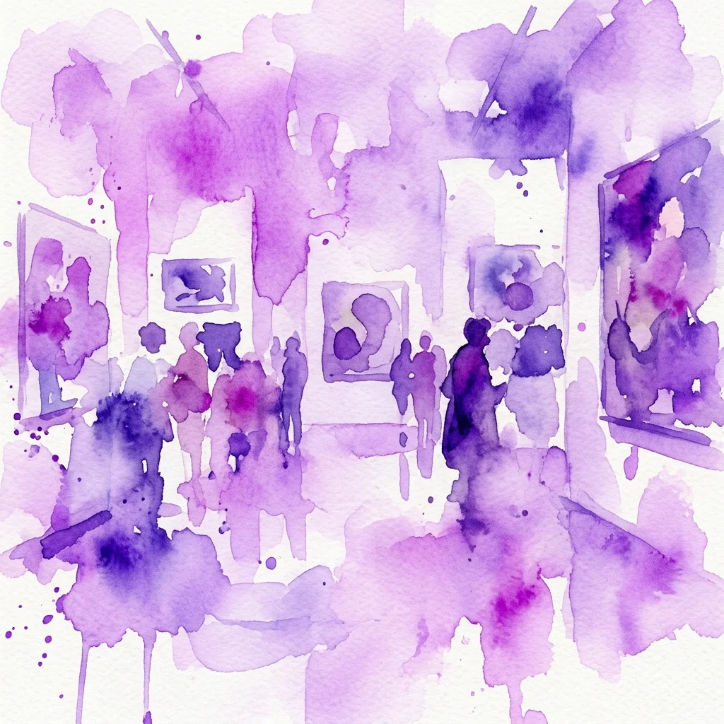 Fioletowa akwarelowa ilustracja galerii sztuki z odwiedzającymi oglądającymi dzieła na ścianach, przedstawiająca wystawę 'Śmierć Publiczności' w budynku Secesji.