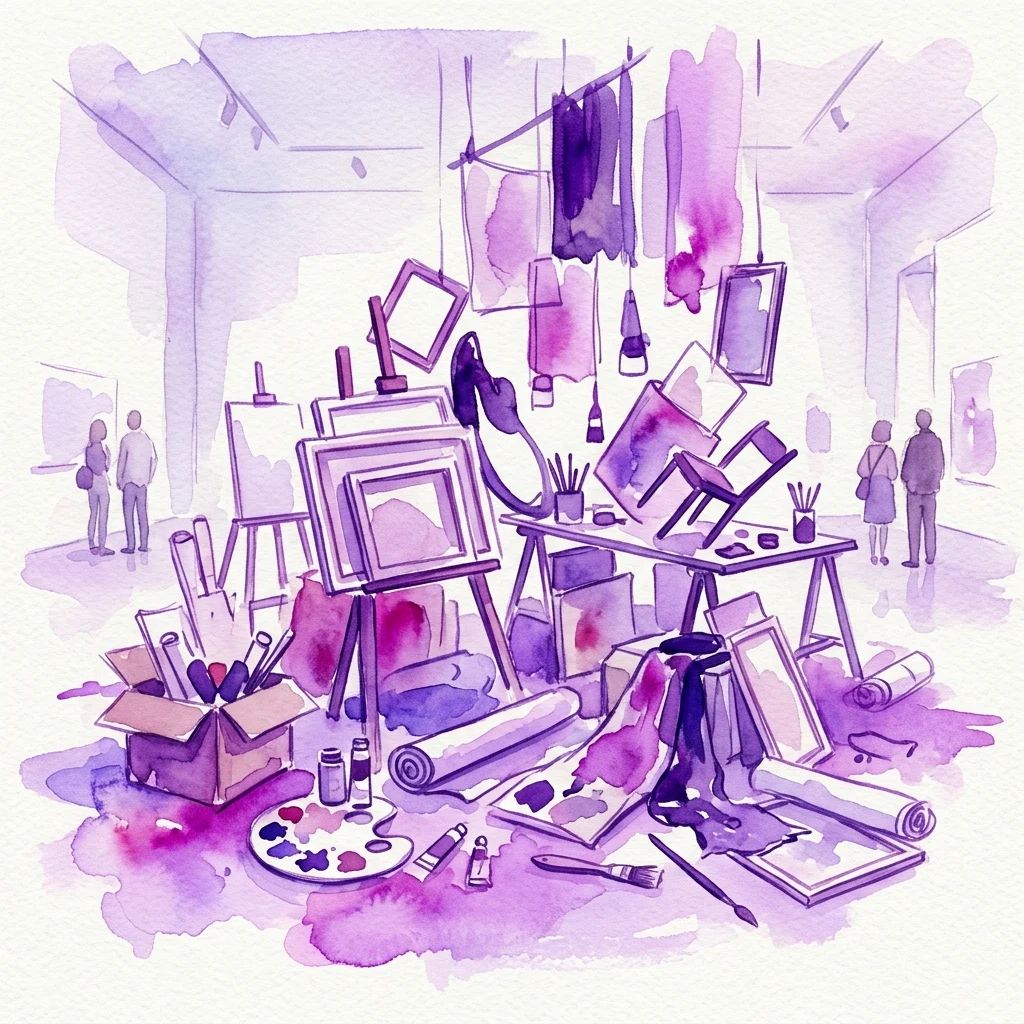 Una ilustración en acuarela de la exposición de Thea Djordjadze 'To be in an upright position on the feet', que presenta un espacio de galería lleno de material de arte, caballetes, lienzos y esculturas dispuestos en un entorno de estudio desmontado, con visitantes observando la instalación.