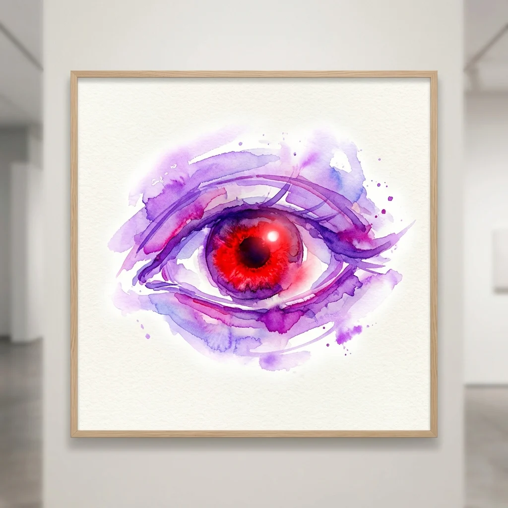 A watercolor painting of an eye with a vibrant red iris and purple hues, displayed in a light wooden frame in a gallery setting.