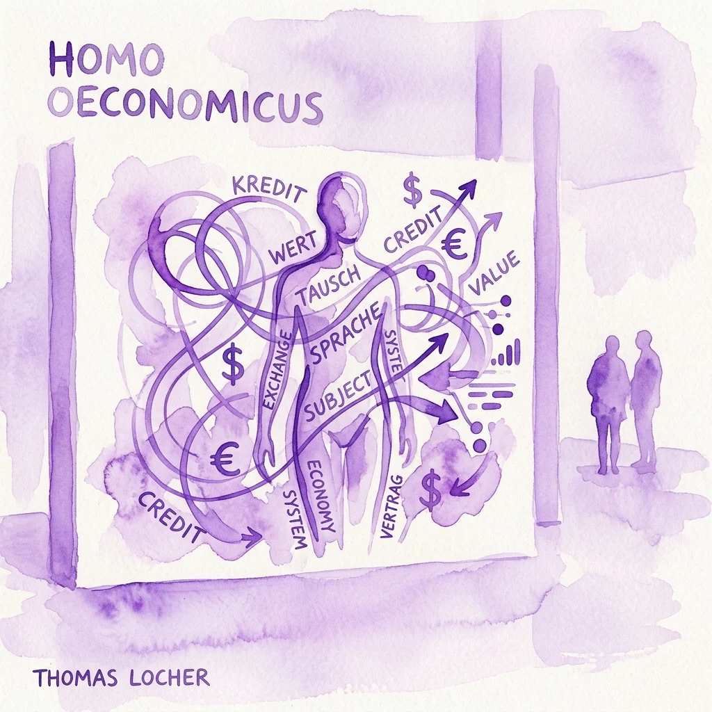 Praca ze wystawy Thomasa Lochera pt. 'Homo Oeconomicus', przedstawiająca purpurową akwarelę z postacią ludzką splecioną z symbolami ekonomicznymi i językowymi, takimi jak kredyt, wartość i wymiana.