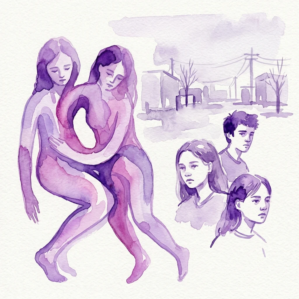 Aquarel van verstrengelde, misvormde figuren en portretten van jonge mensen tegen een desolaat voorstedelijk landschap, onderdeel van de tentoonstelling 'To be kind' van Till Megerle in de Secession.