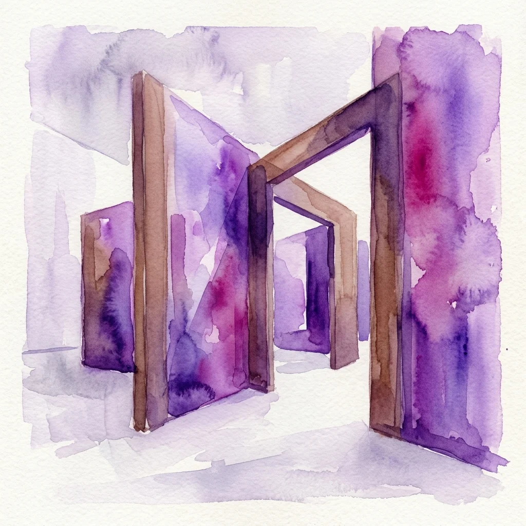 Ilustración en acuarela de la instalación 'Stage Diver' de Tilo Schulz, con estructuras abstractas enmarcadas en caoba en tonos púrpuras y marrones, evocando una sensación de transición e introspección en un entorno de galería.