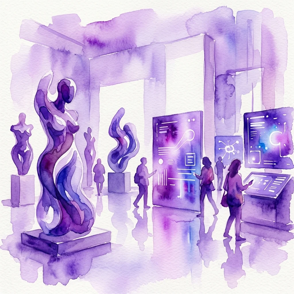 Ilustracja akwarelowa galerii sztuki przedstawiająca abstrakcyjne rzeźby i instalacje cyfrowe, z odwiedzającymi wchodzącymi w interakcję z multimedialnymi wyświetlaczami, odzwierciedlająca tematykę najnowszej twórczości Tishan Hsu eksplorującej ciało ludzkie i technologię.