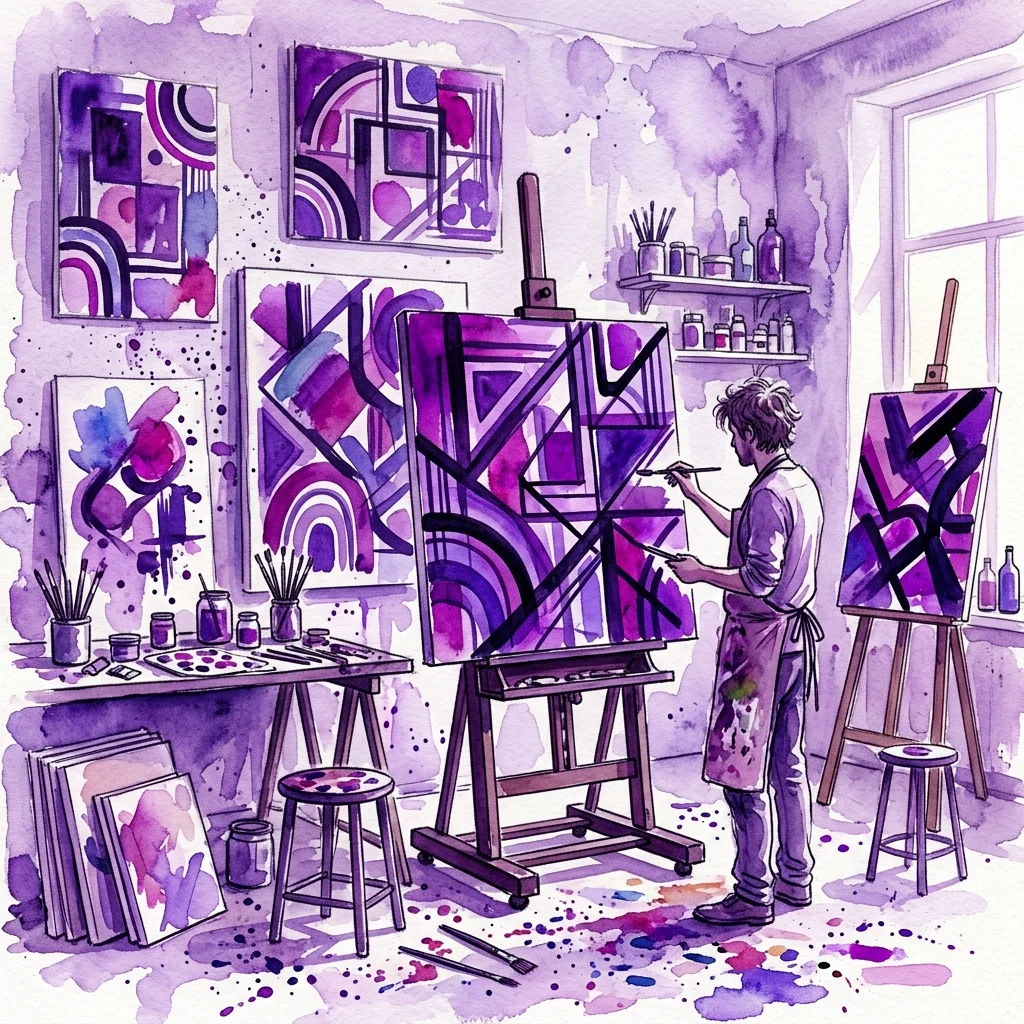 Kunstenaar Tobias Pils aan het werk in zijn atelier met grootschalige abstracte schilderijen op ezel en muren, met gedurfde paarse geometrische patronen en spatten verf, wat een creatieve en intense sfeer weerspiegelt.
