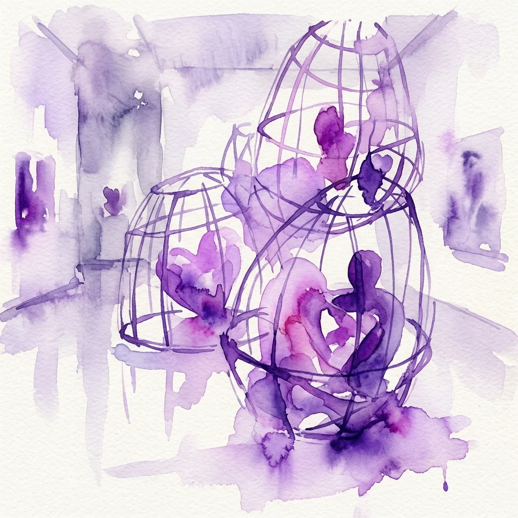 Een aquarel die kooiachtige structuren met paarse bloem- en menselijke vormen afbeeldt, ter representatie van Tom Burrs tentoonstelling 'Moods', die thema's van verlangen en contemplatie verkent.