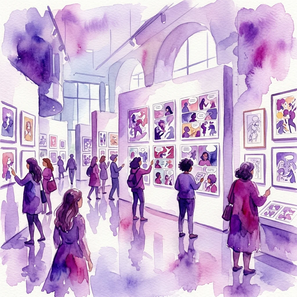 Ilustración en acuarela de visitantes viendo una exposición de cómics en una galería, con diversas obras de arte en paredes de exposición con una paleta de colores morados y rosas.