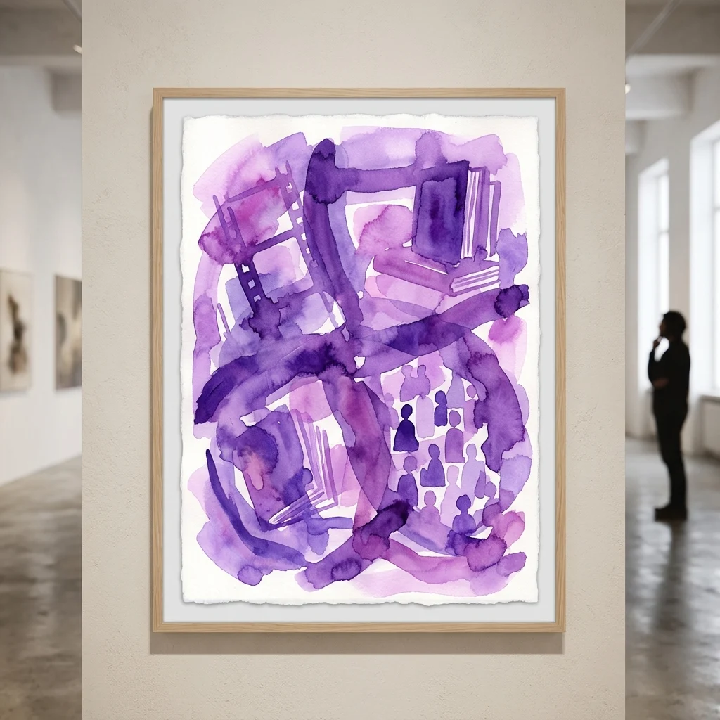 Una obra de arte en acuarela púrpura expuesta en una galería, que presenta formas abstractas que incluyen libros, rollos de película y siluetas, reflejando temas de cine, teoría e identidad cultural.