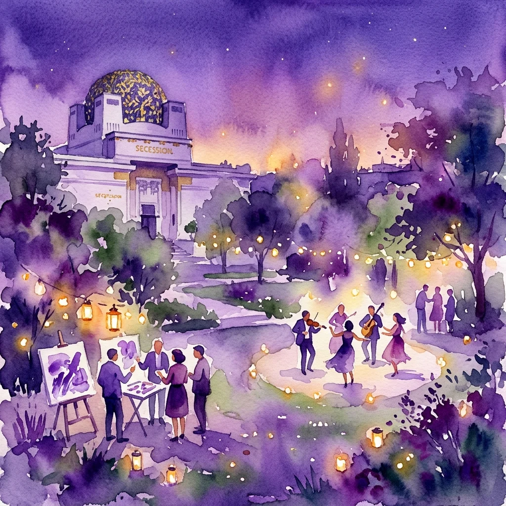 An illustrated evening scene at the Secession building, featuring people gathered in a garden for artistic performances and discussions under string lights and lanterns.