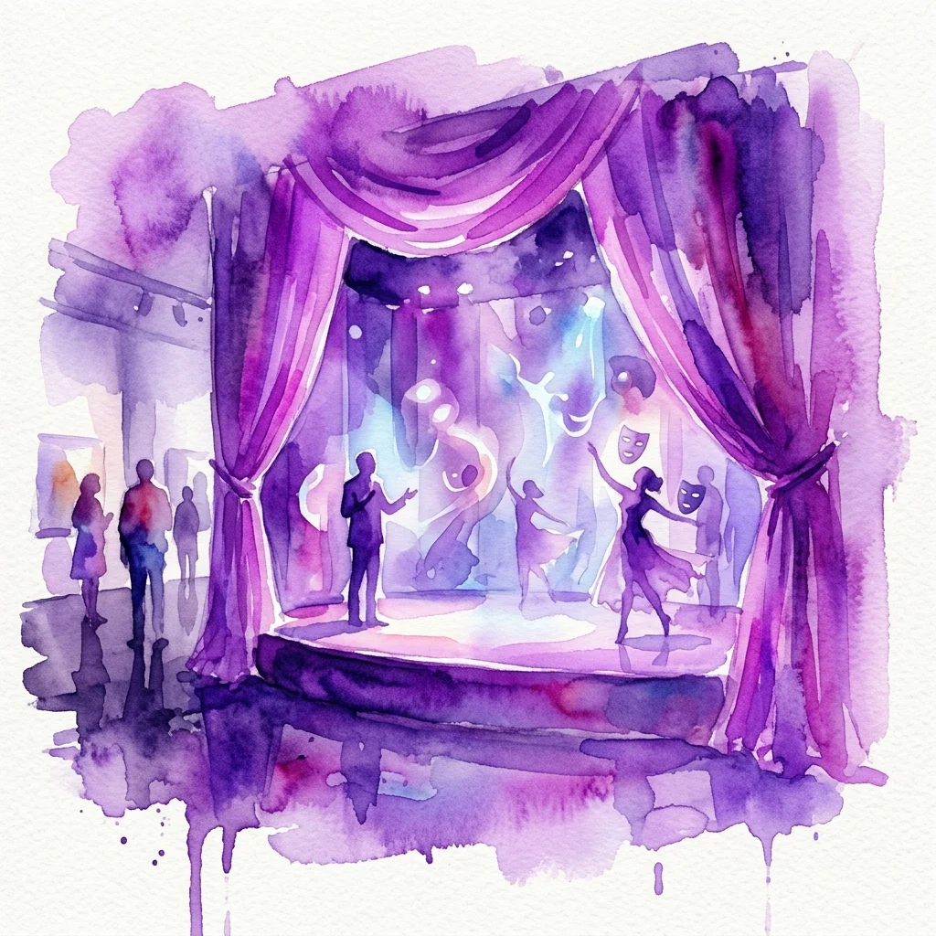 Ilustracja akwarelowa teatralnej instalacji scenicznej z fioletowymi kurtynami, sylwetkami postaci i projekcjami, przedstawiająca wystawę Ulli von Brandenburg 'Innen ist nicht Außen' w Secesji.