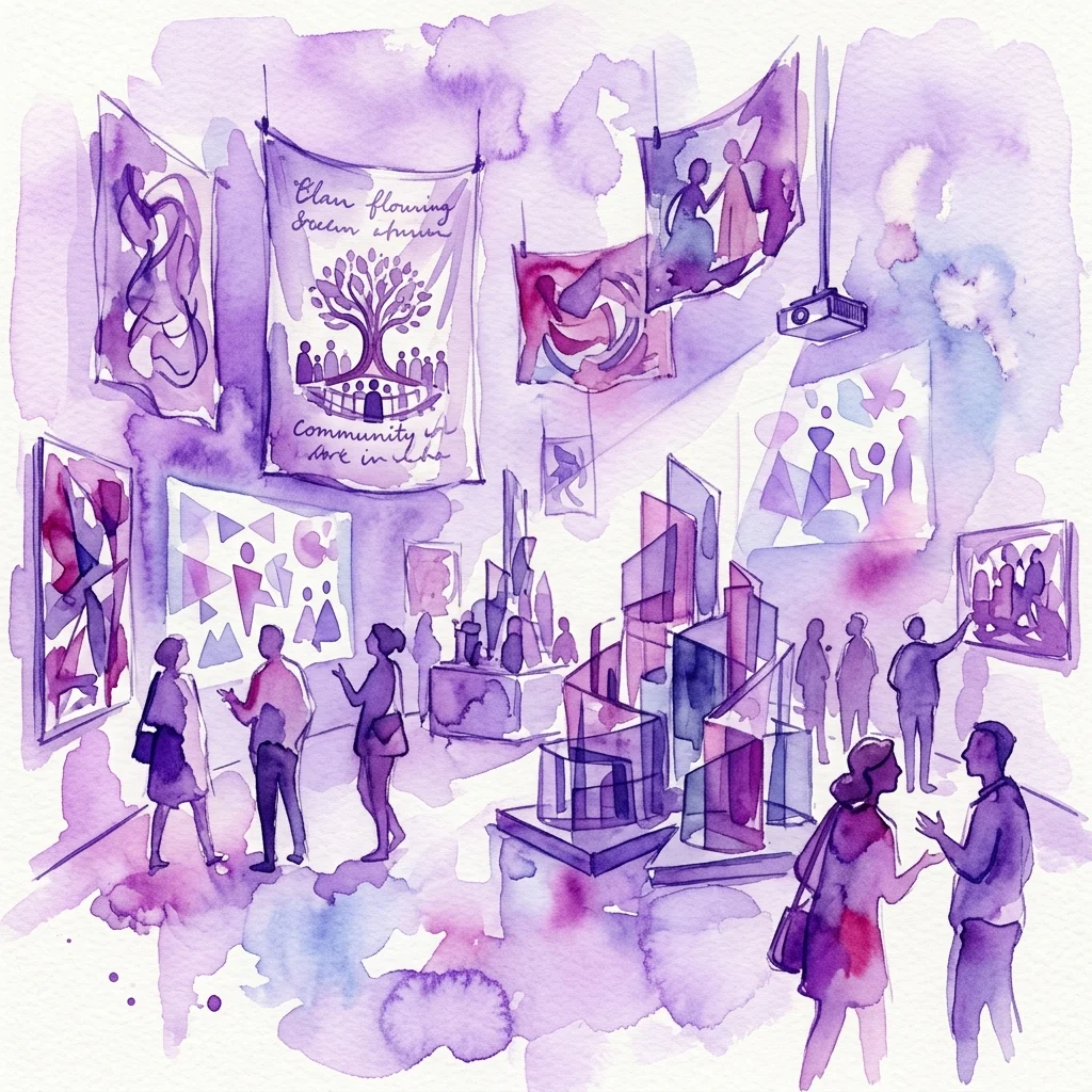 Ilustración en acuarela de una exposición de arte con visitantes observando pancartas, proyecciones e instalaciones en un espacio de galería, con el título de la exposición 'Utopian Pulse – Flares in the Darkroom'.